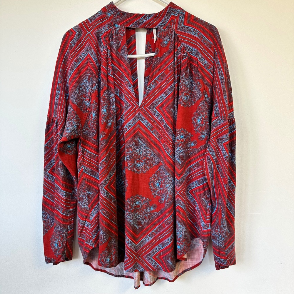 Free People Paisley Walking on a Dream Choker V-Neck Long Sleeve Blouse Medium